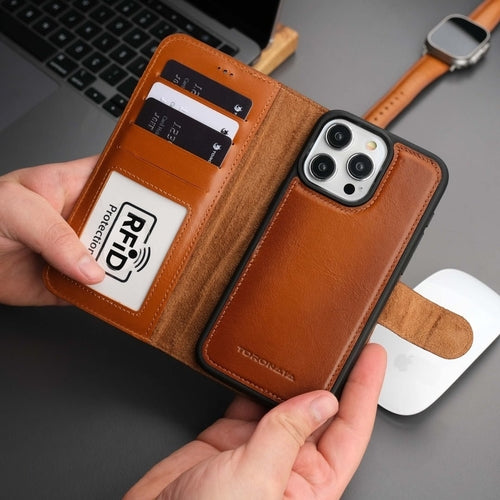iPhone 16 Pro Max Leather Wallet Case – MagSafe, RFID Blocking, Kickstand