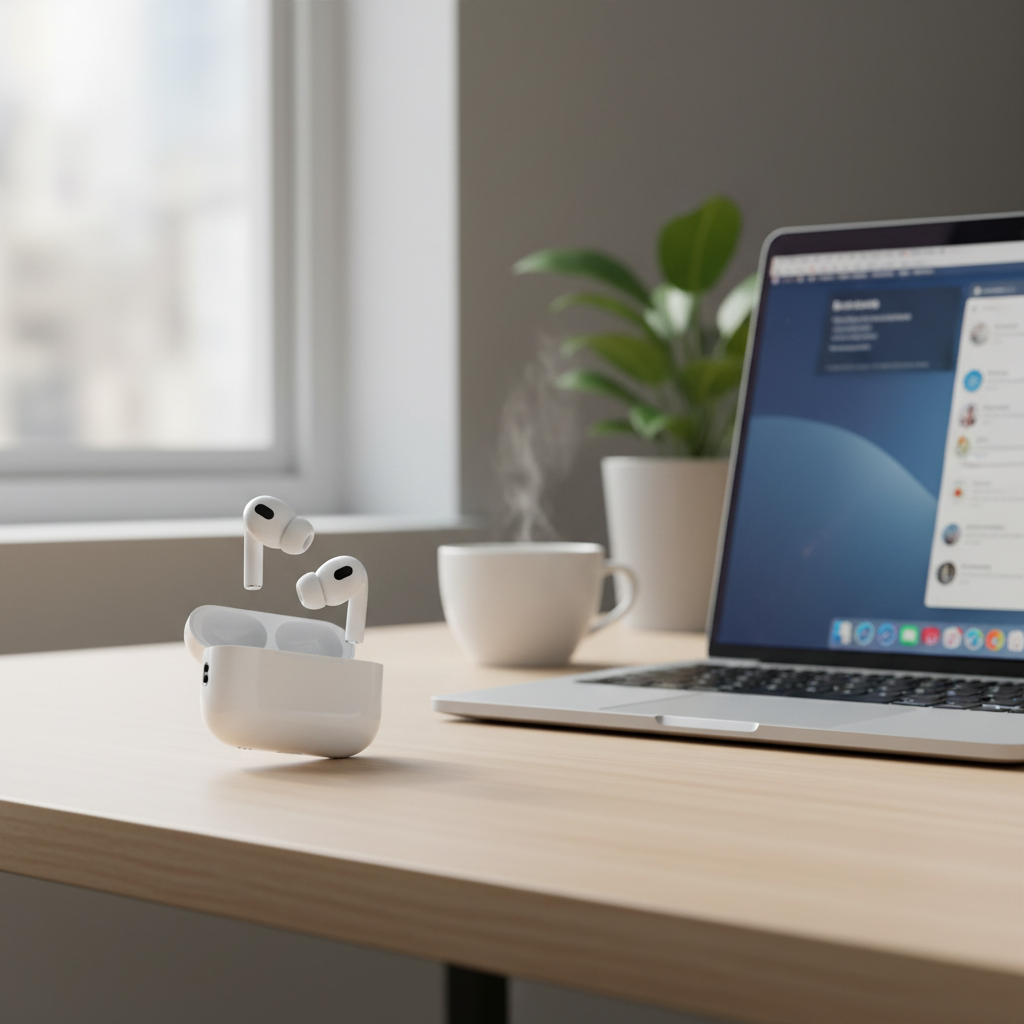 Earbuds desk setup lifestyle shot